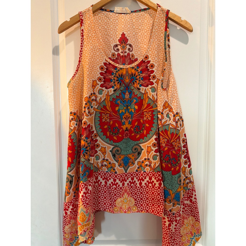Peach Love California Boho Handkerchief Hem Tank Top Multi Color Paisley Medium